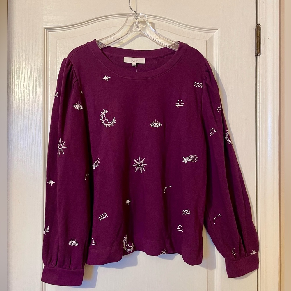 LOFT Celestial Embroidey in Silver adorns this Purple Pullover